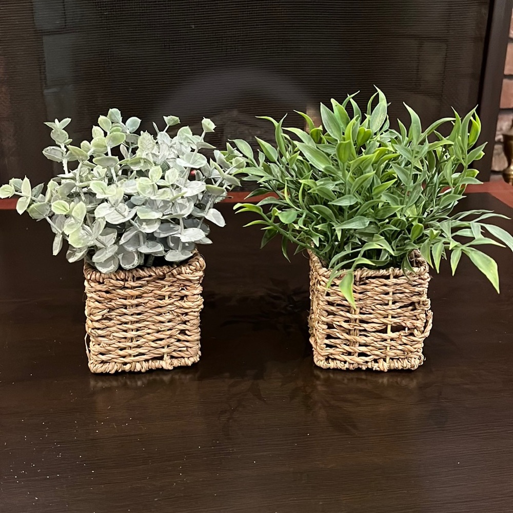 Pair of small fake plants in woven baskets